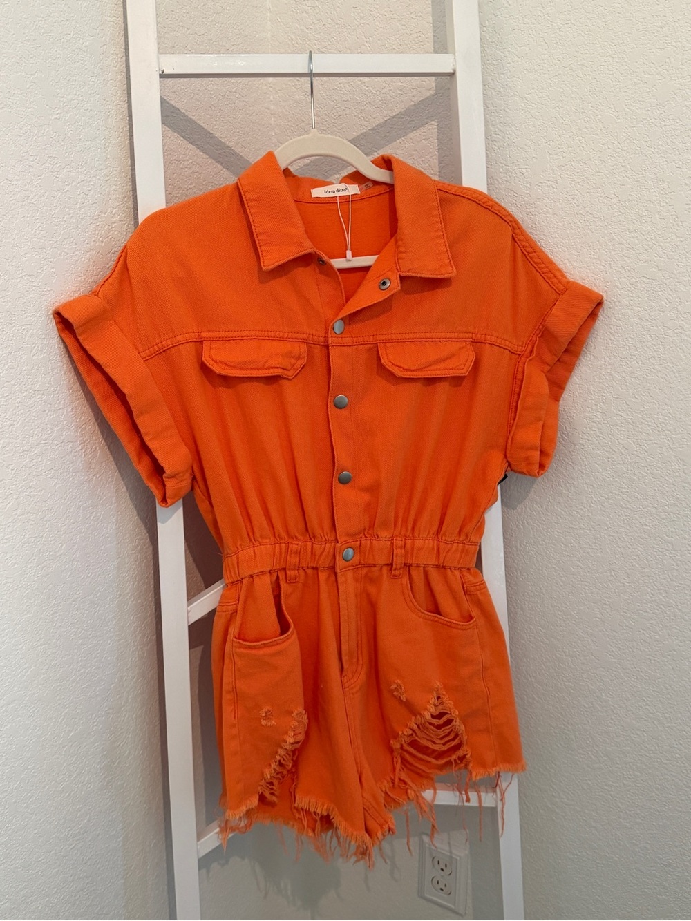 Idem Ditto Orange Distressed Denim Romper Medium